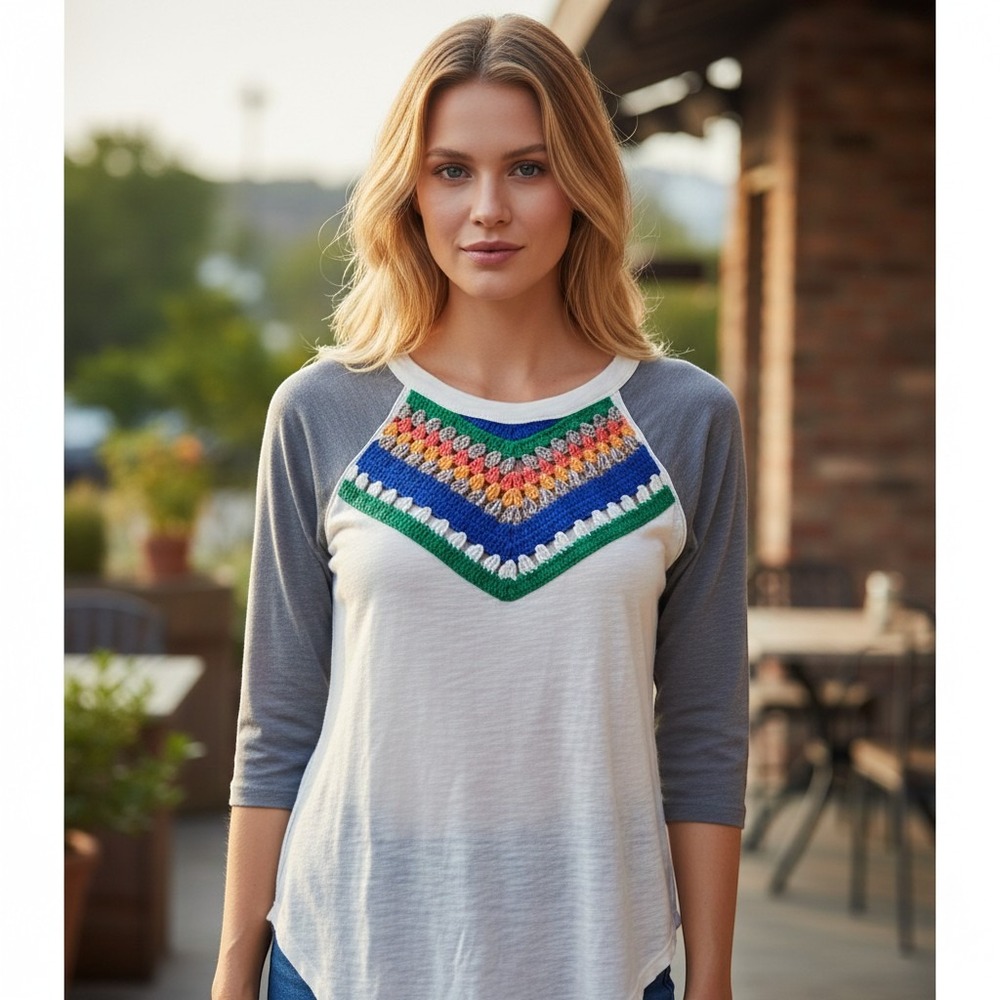 We The Free Spring Bound Crochet Neck Raglan Baseball Tee Multicolor Size Medium